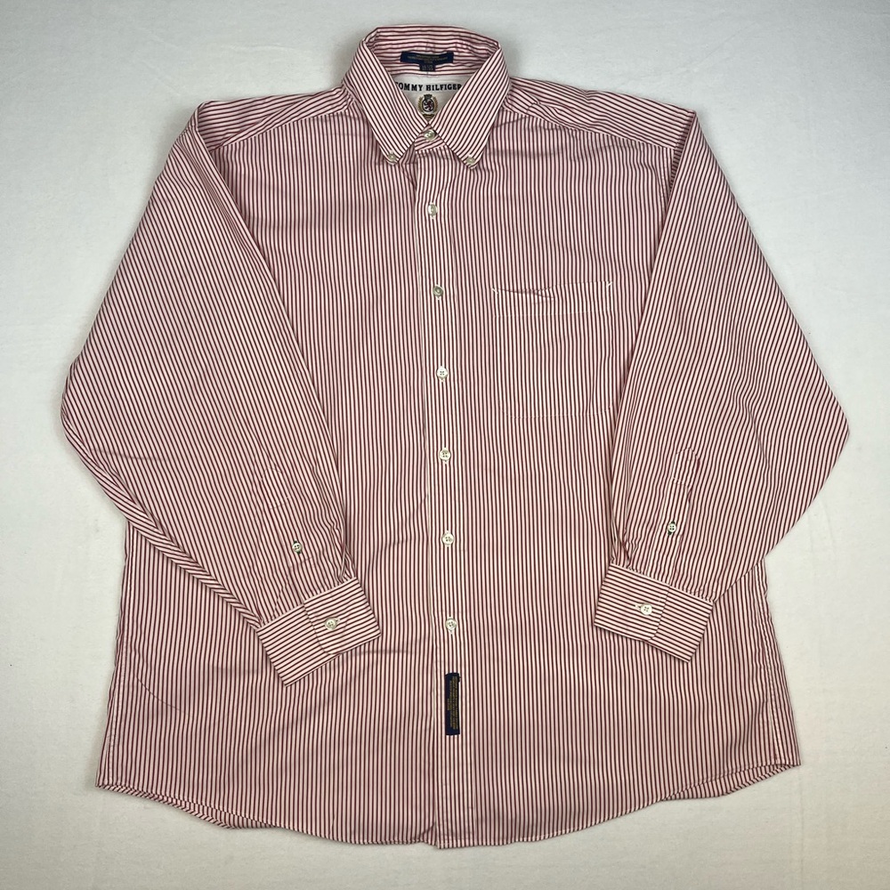 VTG Tommy Hilfiger Men's Shirt Long Sleeve Button Down Red Stripe Size 16 1/2